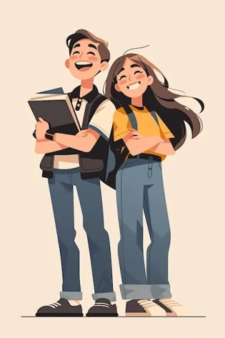 Illustration of a happy male and female student standing together, smiling confidently, with backpacks and books.